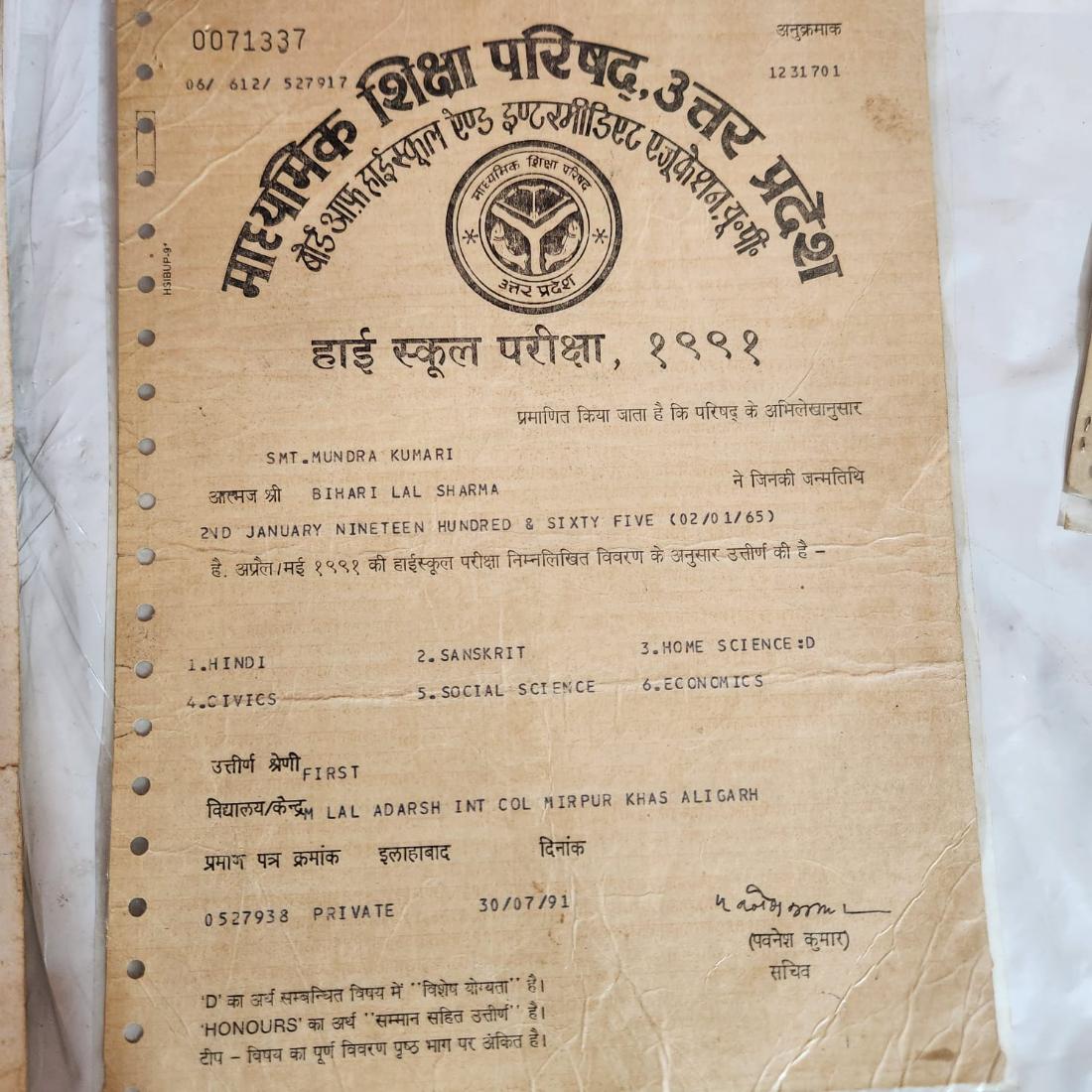 1991 High School certificate, UP Board