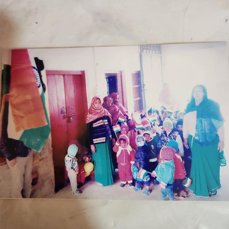 Flag day at the centre, faces blurred for privacy
